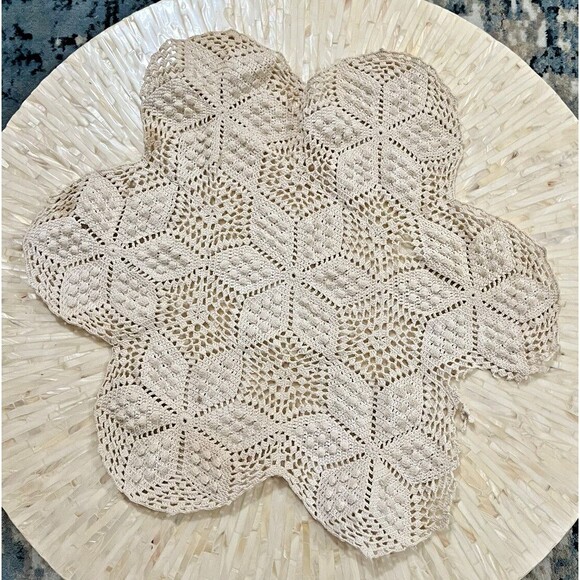 Tablecloth Antique 30s Center Round Hand Knit Crochet‎ Ecru Cotton Granny 24in - Picture 1 of 4